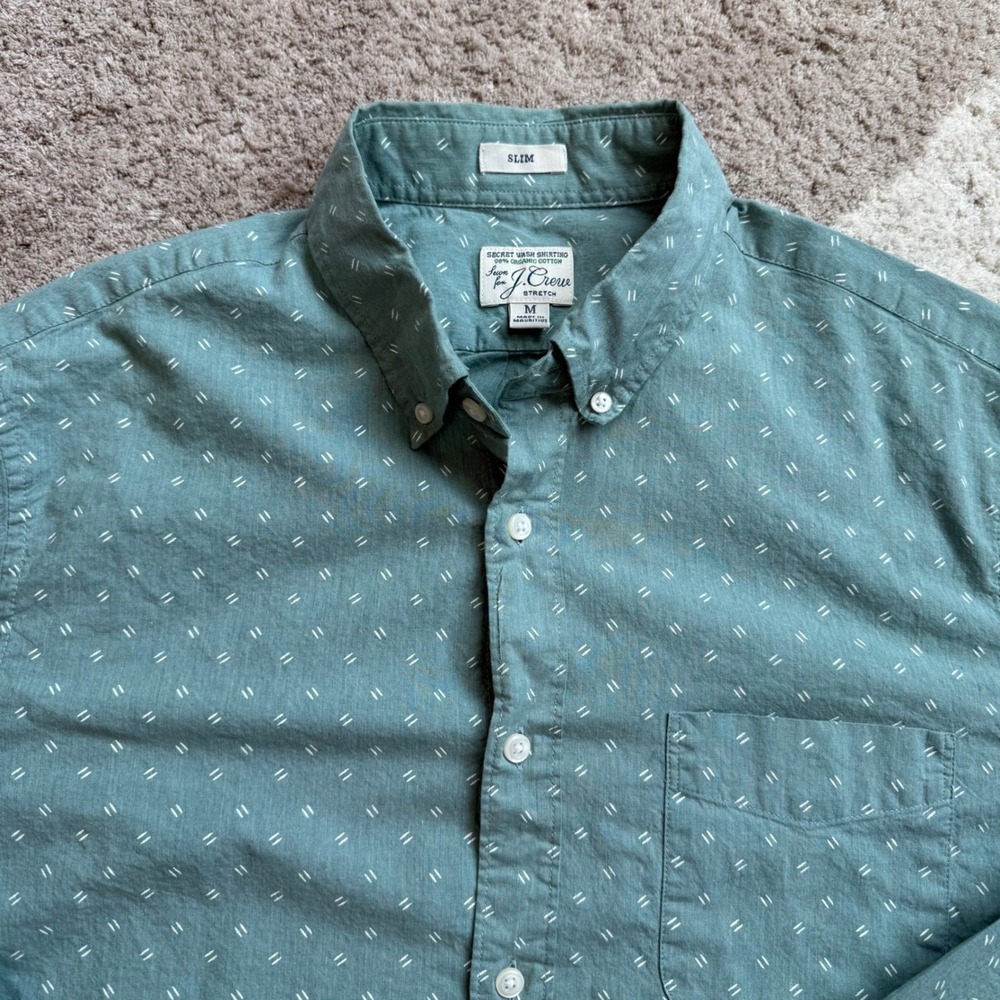 J.Crew Mens Slim Secret Wash Stretch Shirt Green Dash Print AM362 Size M - Picture 3 of 9